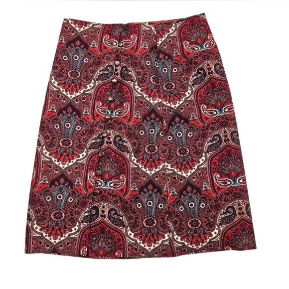 Talbots Paisley Print Button Front Knee Length‎ Skirt Red Blue Women's Size 4 - Picture 2 of 15